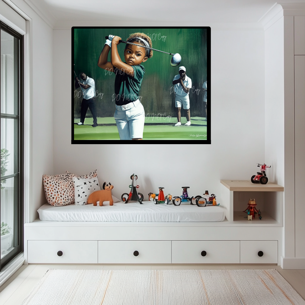 Powerful, junior golfer, athletic, girls playing, sports, African American art, Black art